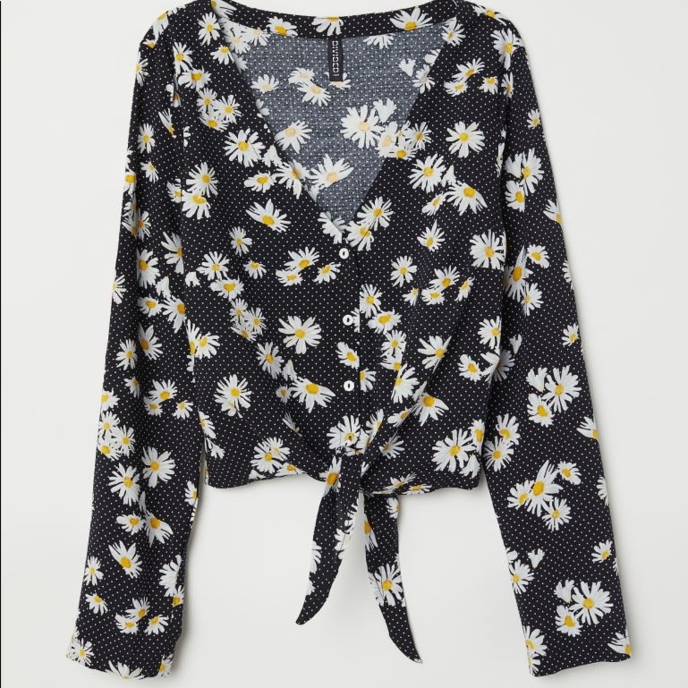 H&M Tie-Front Floral V-neck Blouse